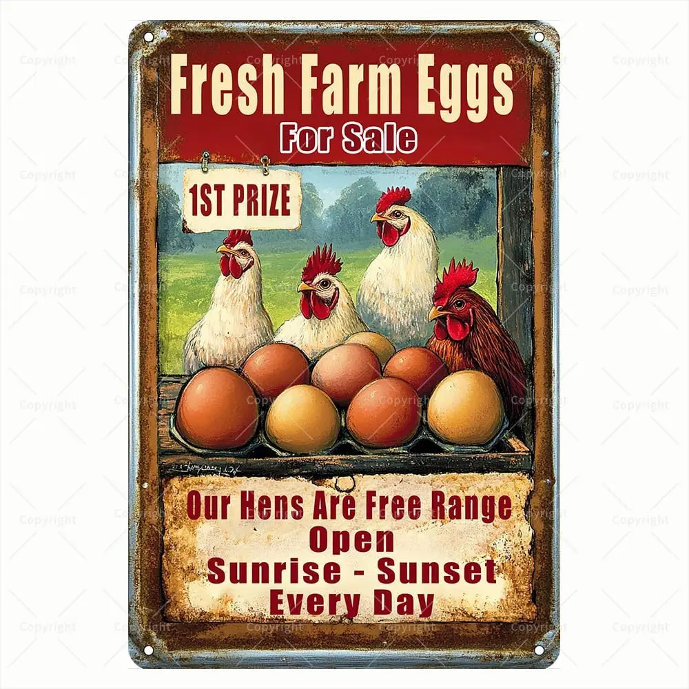 Vintage Tin Sign - Fresh Farm Eggs For Sale Free Range Hens with 1st Prize Eggs Rustic Art Retro Metal Sign - Decorative Tin Sig