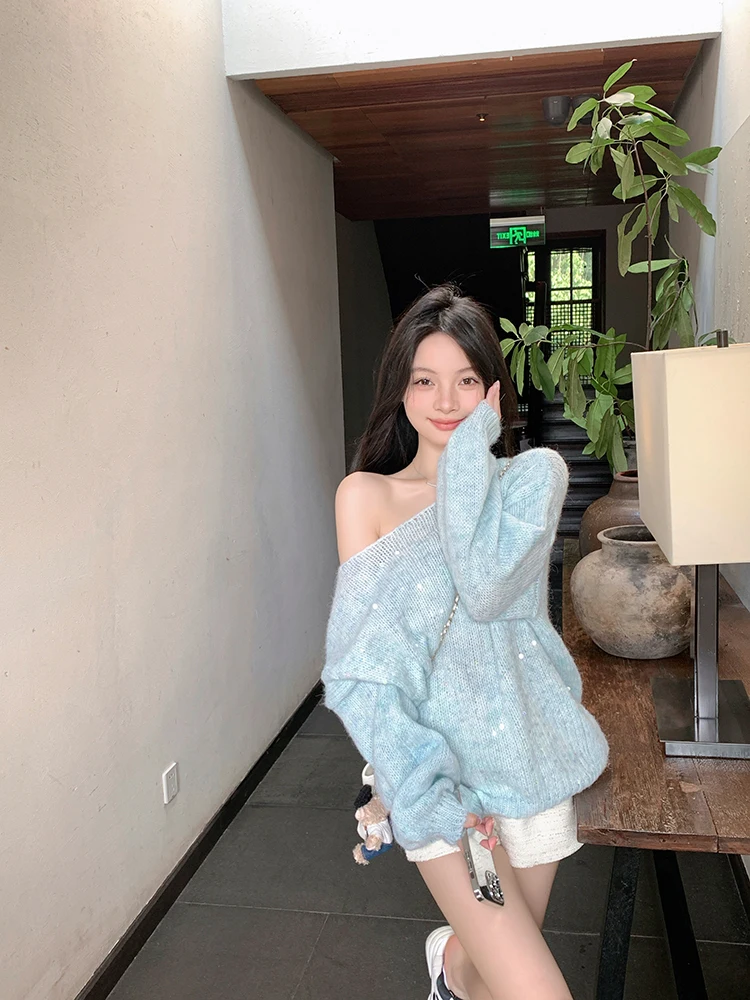 

ZhouYeye Blue Sequin Heavy Work One oulder Women's Sweater Sweet Sle Loose Fit round Ne Casual Feel Online Exclusive