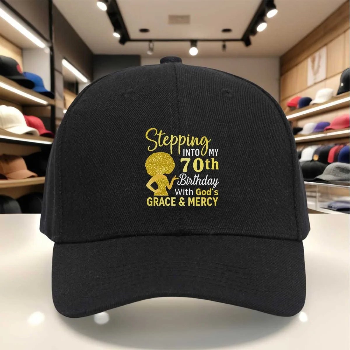 Golden Glitter Afro Woman 70Th Birthday Baseball Cap, Stepping Into My 70Th with God'S Grace And Mercy Design, Adjustable Hat