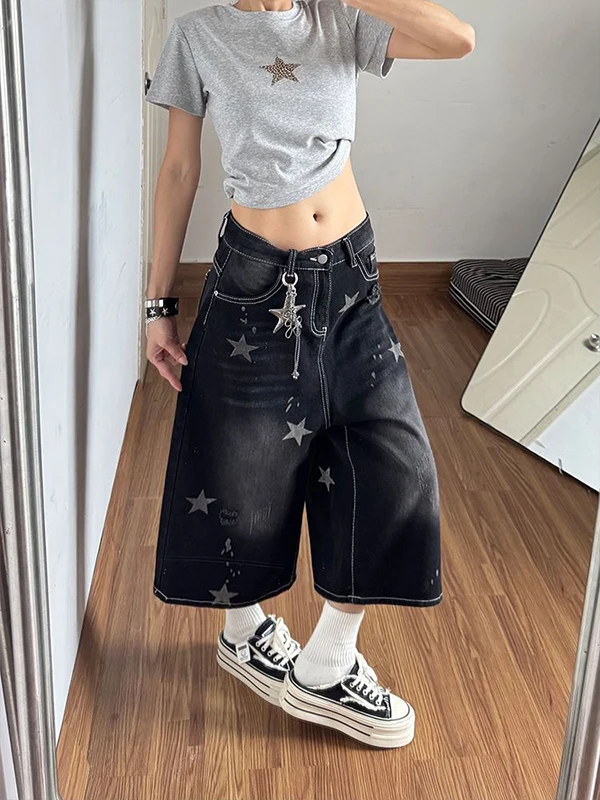 Slim Straight Grey Black Denim Jeans Women's Summer New Style Star Print Cool Loose Wide Leg Mid-Length Casual High Waist