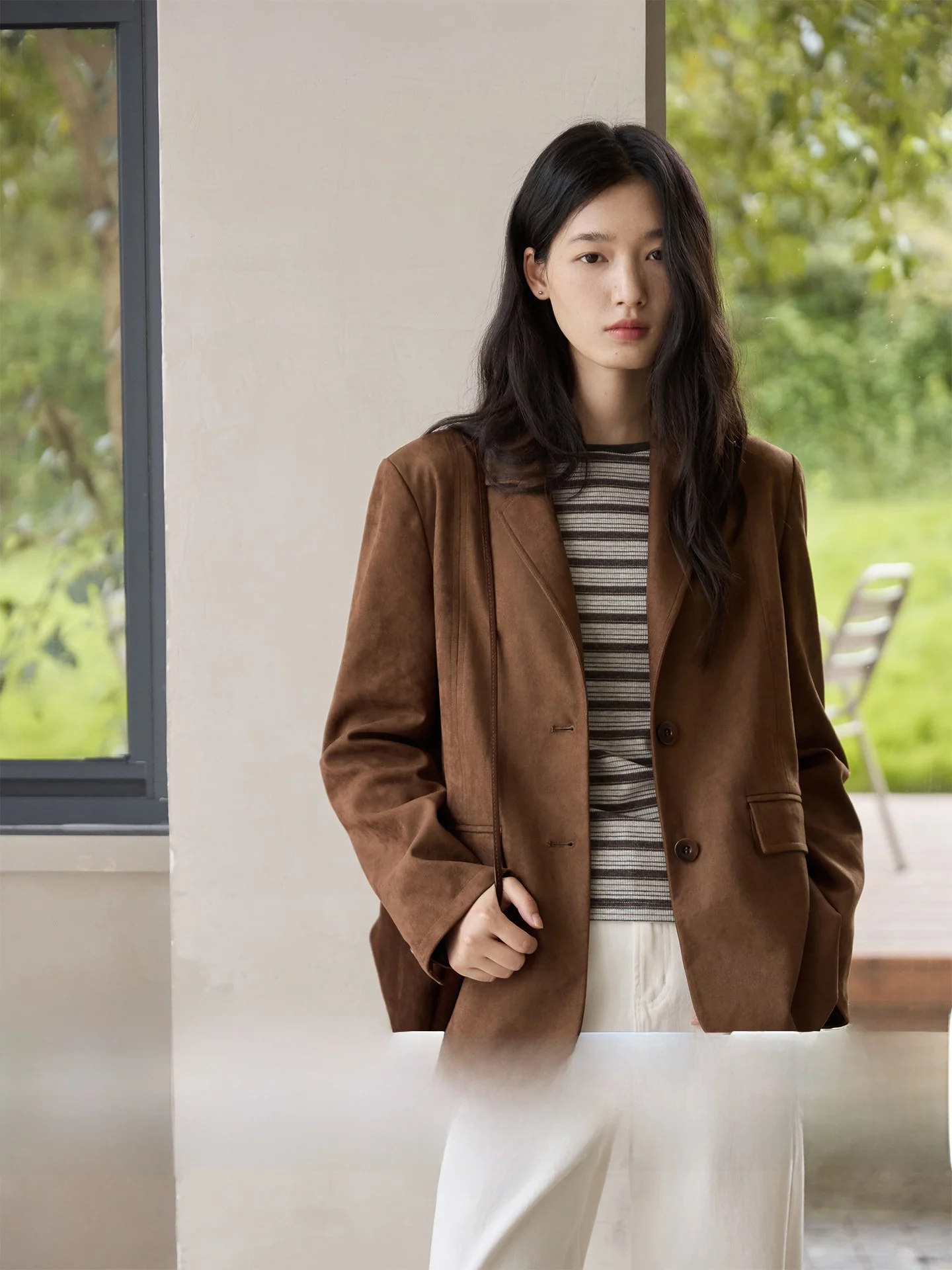 

Ginnkee Vintage Brown Suede Vest Women's Autumn Casual Sle Long Sve Button up Windproof Coat Flap ket Straight Hem