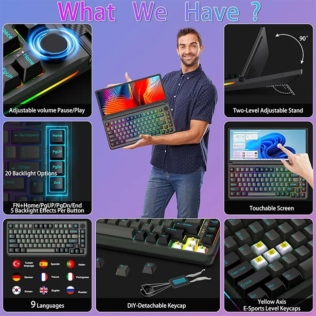 Portable Monitor Mechanical Gaming Keyboard K3: 13'' Touchscreen with USB/SSD Expansion for Windows & Mac