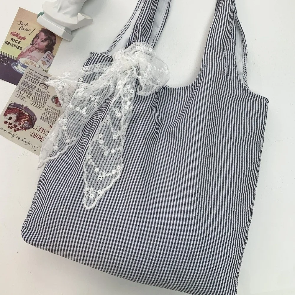 

Canvas Striped Shoulder Bag With Lace Ribbon Korean Style Canvas Hobo Bag Fresh Color Literary Style Large Capacity Underarm Bag