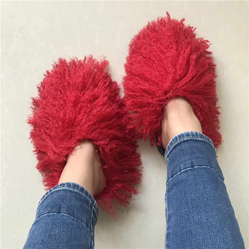 Mongolian fur slides Women Luxury Fluffy Fur Slippers Amazing Fur Sandals New Arrival Winter Home Flat Slides Flip Flops