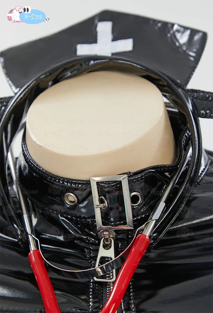 Fantasia Cosplay Enfermeira Gótica de Halloween, Uniforme Preto Sexy, Bandana com Meias Altas para a Coxa e Colar, Em Stock