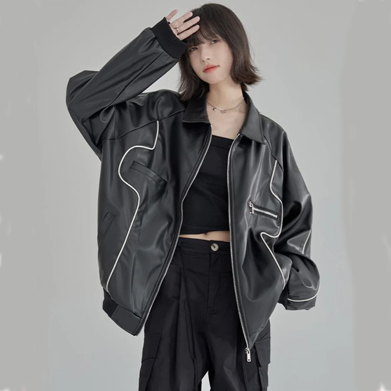 Jmprs harajuku schwarz moto pu jacke frauen american retro imitat fell reiß verschluss biker mantel streetwear bf lässig langarm outwear