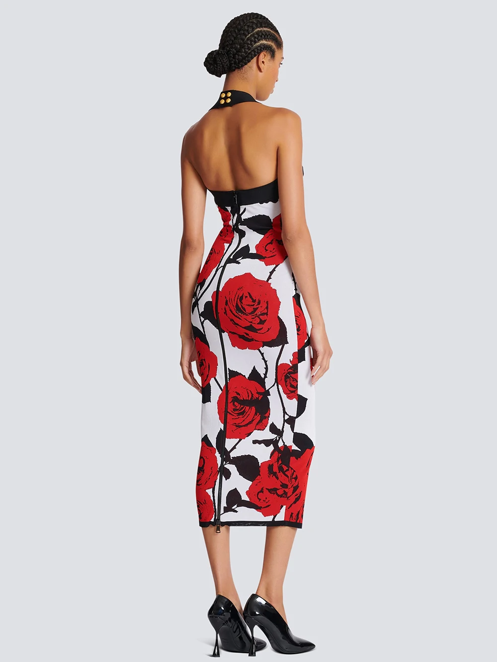 فستان Modphy 2025 النسائي الضيق من قماش الجاكار مثير بدون أكمام مع رسن بدون ظهر مطبوع عليه وردة فستان ميدي فيستدوس