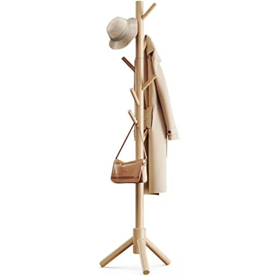 

Coat Rack Sturdy Wooden Coat Rack Stand Adjustable Coat Tree Free Standing Tree Hanger with 4 Sections and 8 Hooks for Home/Bed