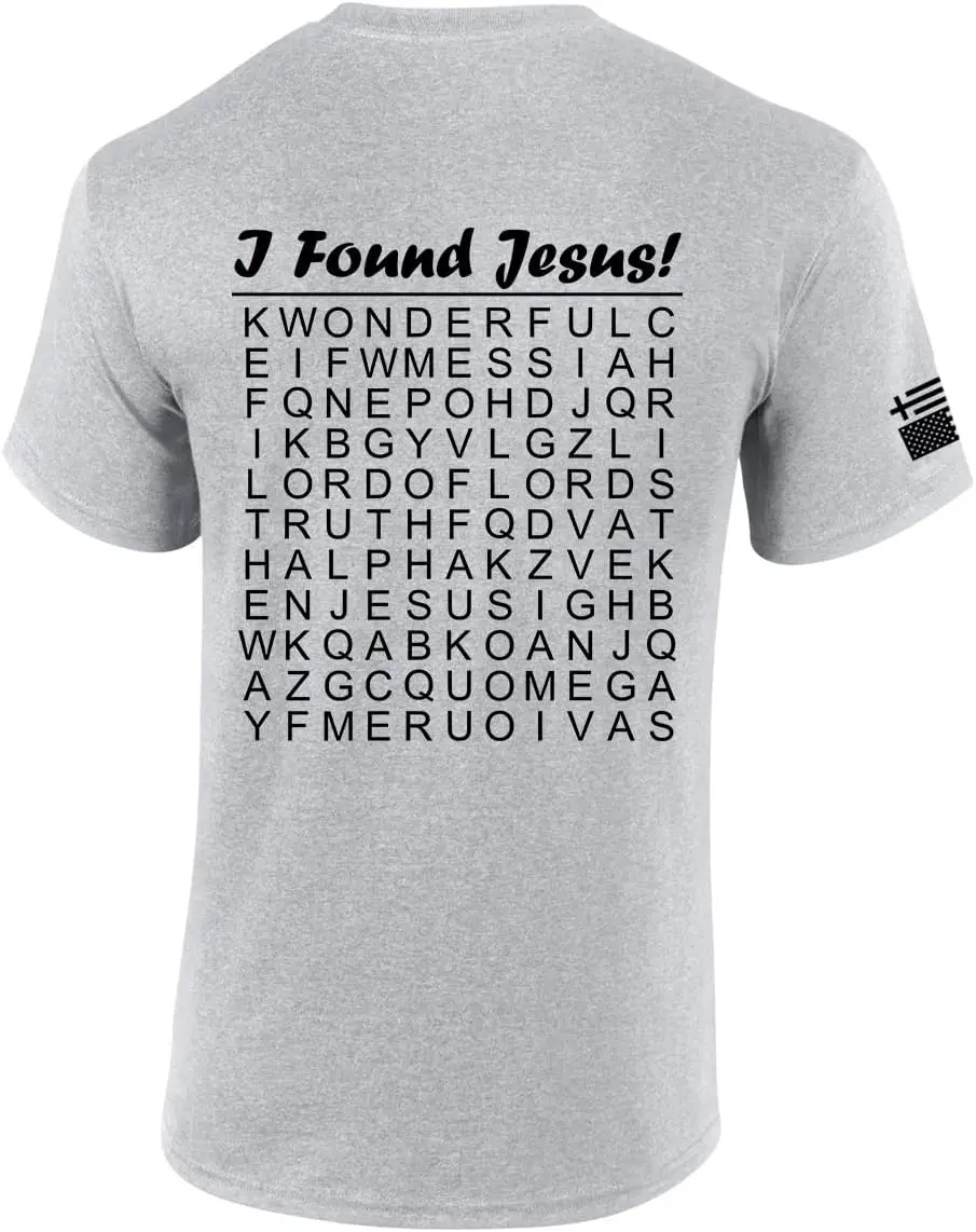 Mens Christian Shirt I Found Jesus Funny Crossword Puzzle Back Design Short Sleeve T-Shirt Graphic Tee