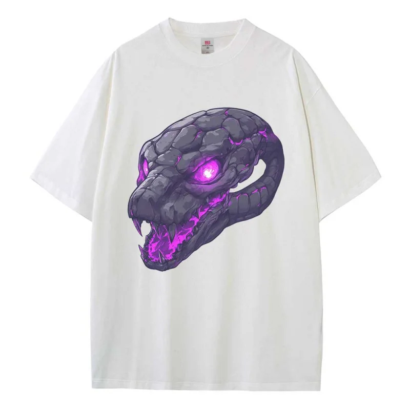 Cotton T Shirt Graphic Tees Baggy Dropped Shoulders Oversized Short Sleeve Petrified Skull Snake Graphic Unisex Tops