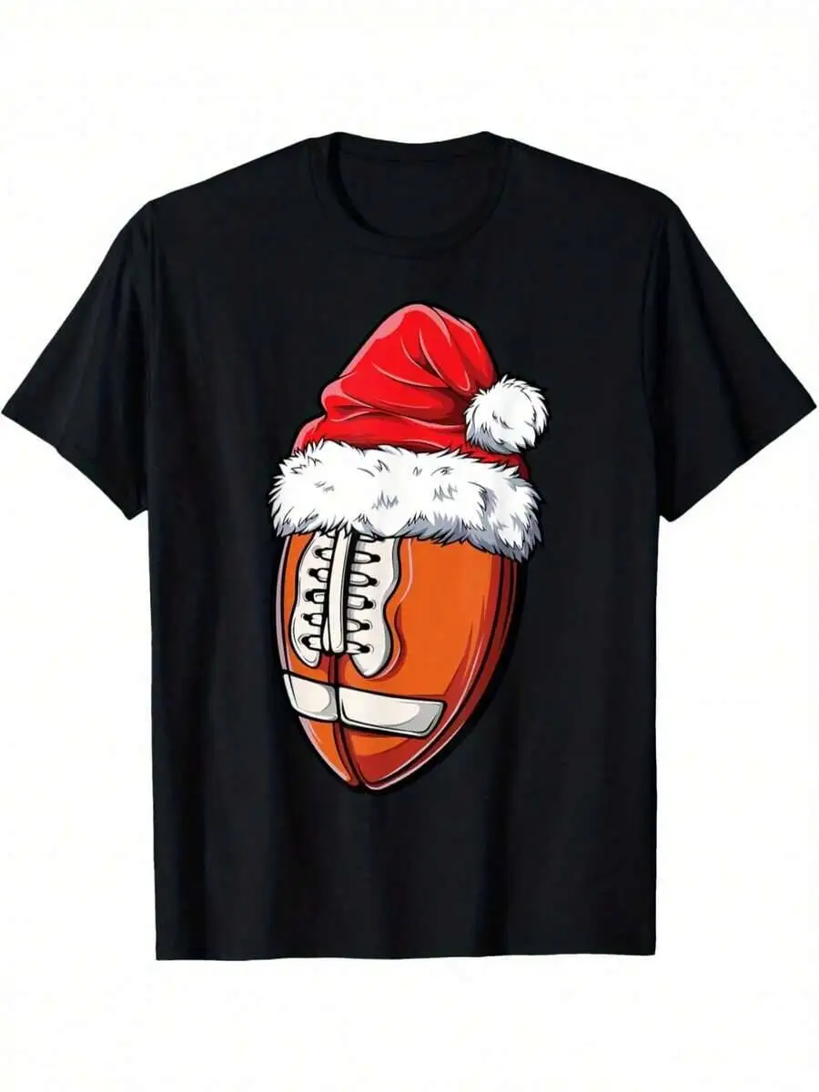Men's Holiday Football And Santa Hat Pattern T-Shirt - Crew Neck Top, Suitable For All Seasons, 220G 100% Cotton Trendy Y2K