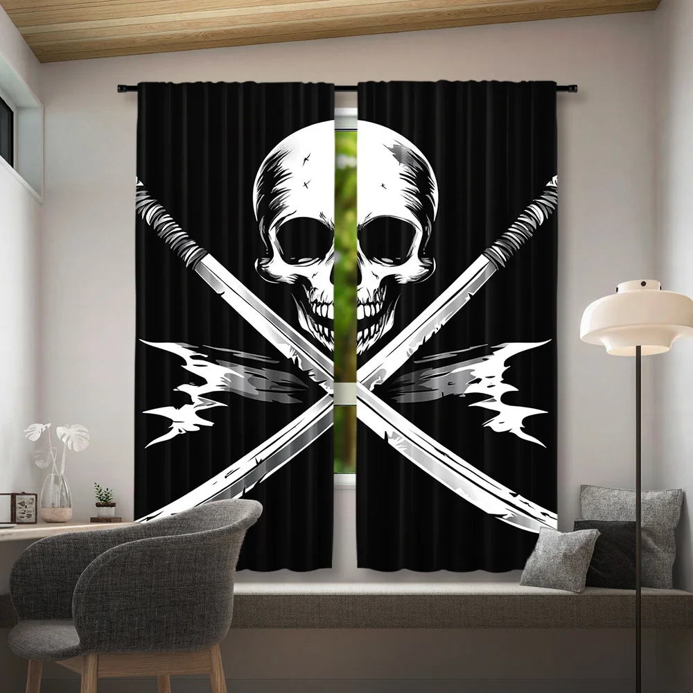 Skull Cross Katana Rod Pocket Curtain Black White Skeleton Sword Gothic Decor Teen Boy Game Room Man Cave Bay Window