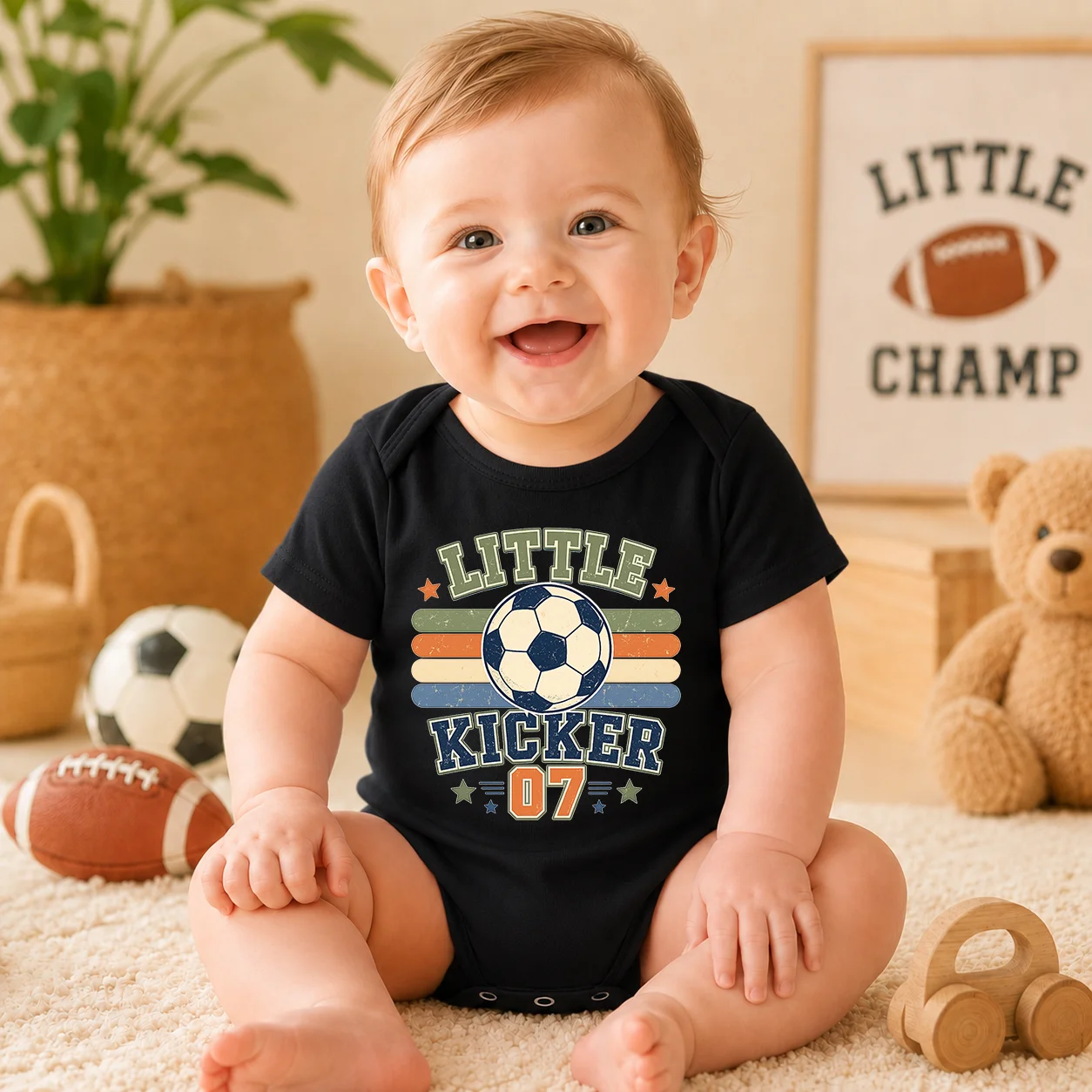 Newborn Baby Boys Short Sleeve Bodysuit Little Kicker Soccer 07 Print Infant Romper Cotton Sport Baby Onesie Summer Jumpsuit Bab