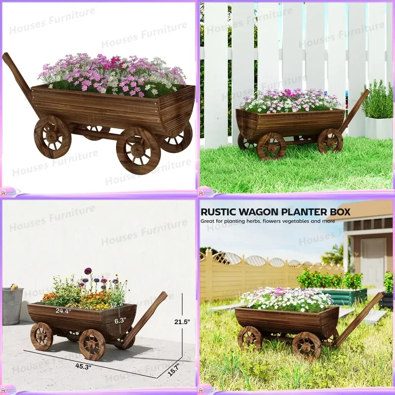 Wooden Plant Stand with Wheels Mobile Flower Pot Cart 4 Wheeled Garden Trolley Rolling Planter Box with Drainage Outdoor