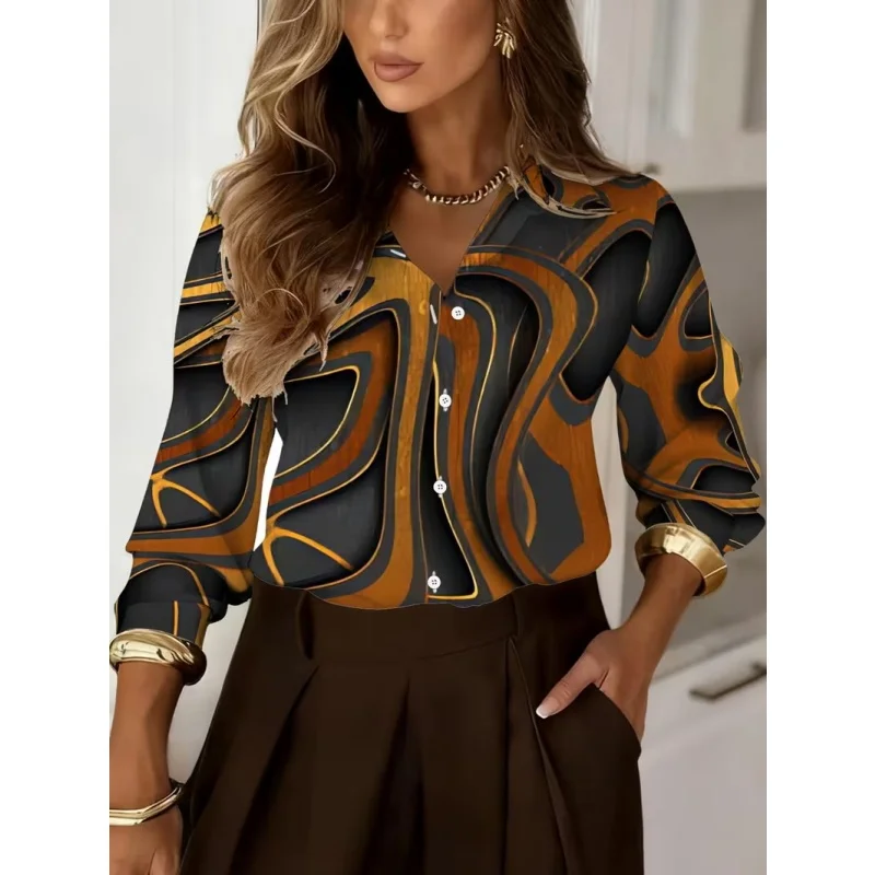 3D Retro Striped Gradient Printed Shirt Women's Autumn Long Sleeved Lapel Casual Blouse Tops
