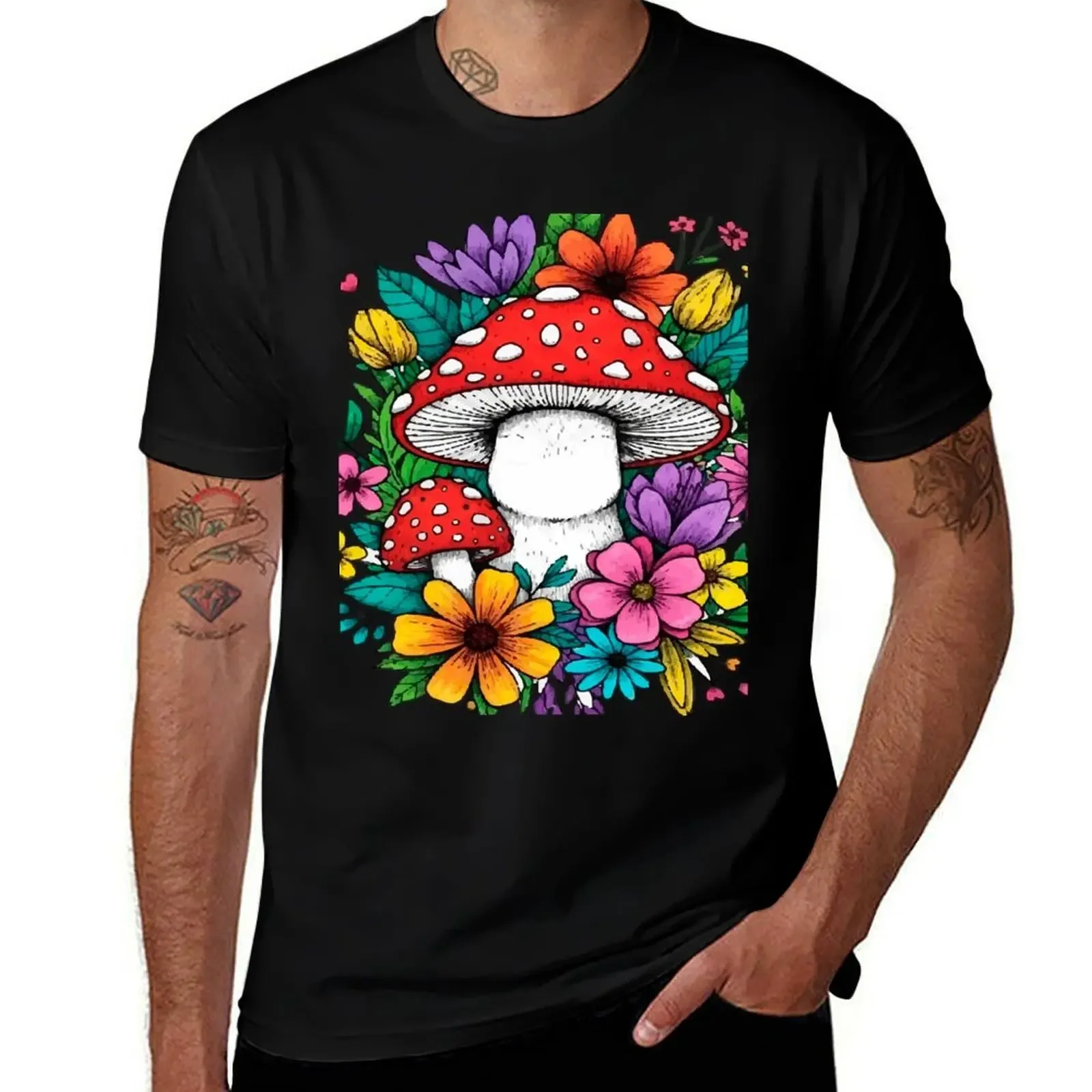 

Boho Illustration of Magic Mushrooms and Vibrant Flowers – Detailed and Whimsical Art T-Shirt