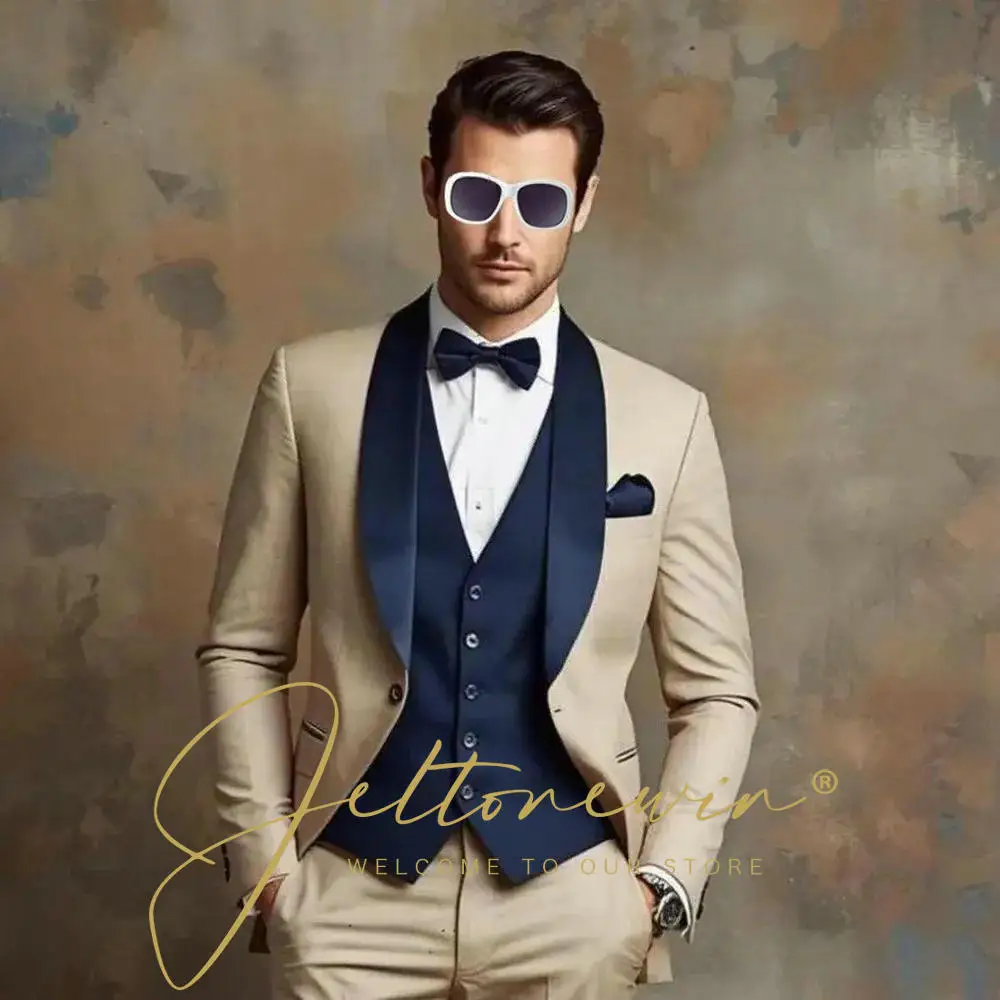 

Beige 3 Pieces Men Suits Navy Blue Shawl Lapel Formal Best Man Wedding Groom Wear Blazer Sets Party Tuxedos Trajes De Hombre