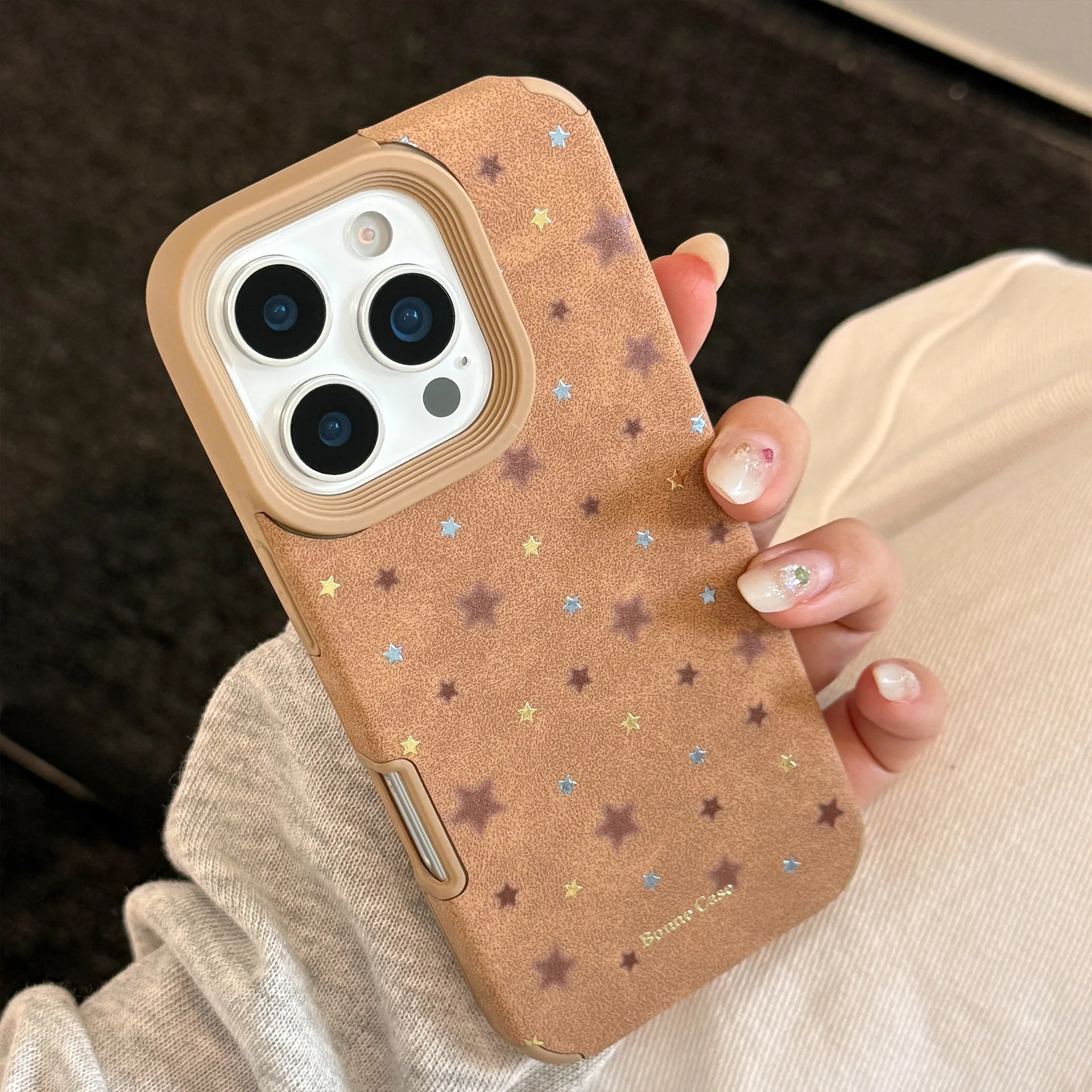 Koreanische Vollbild-Sterne-Leder-Textur-Handyhülle für iPhone 17, Air 13, 14, 15, 16, 12, 11, Pro Max, florales, stoßfestes Softcover