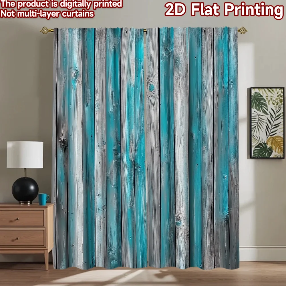 2D flat 2pcs Curtain Retro Country Style Turquoise White Wood Planks Digitally printed polyester Birthday Party Use for Holiday