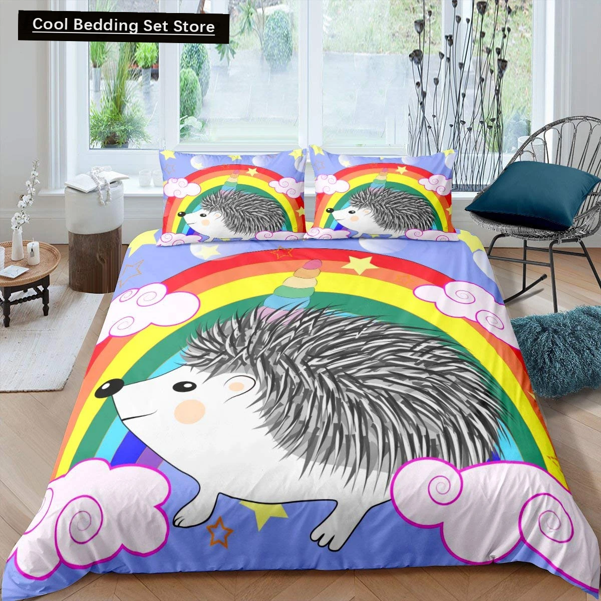 Cartoon Hedgehog King Queen Duvet Cover Rainbow Iridescent Bedding Set for Kids Girls Boys Starry Sky Animal 2/3PCS Quilt Cover