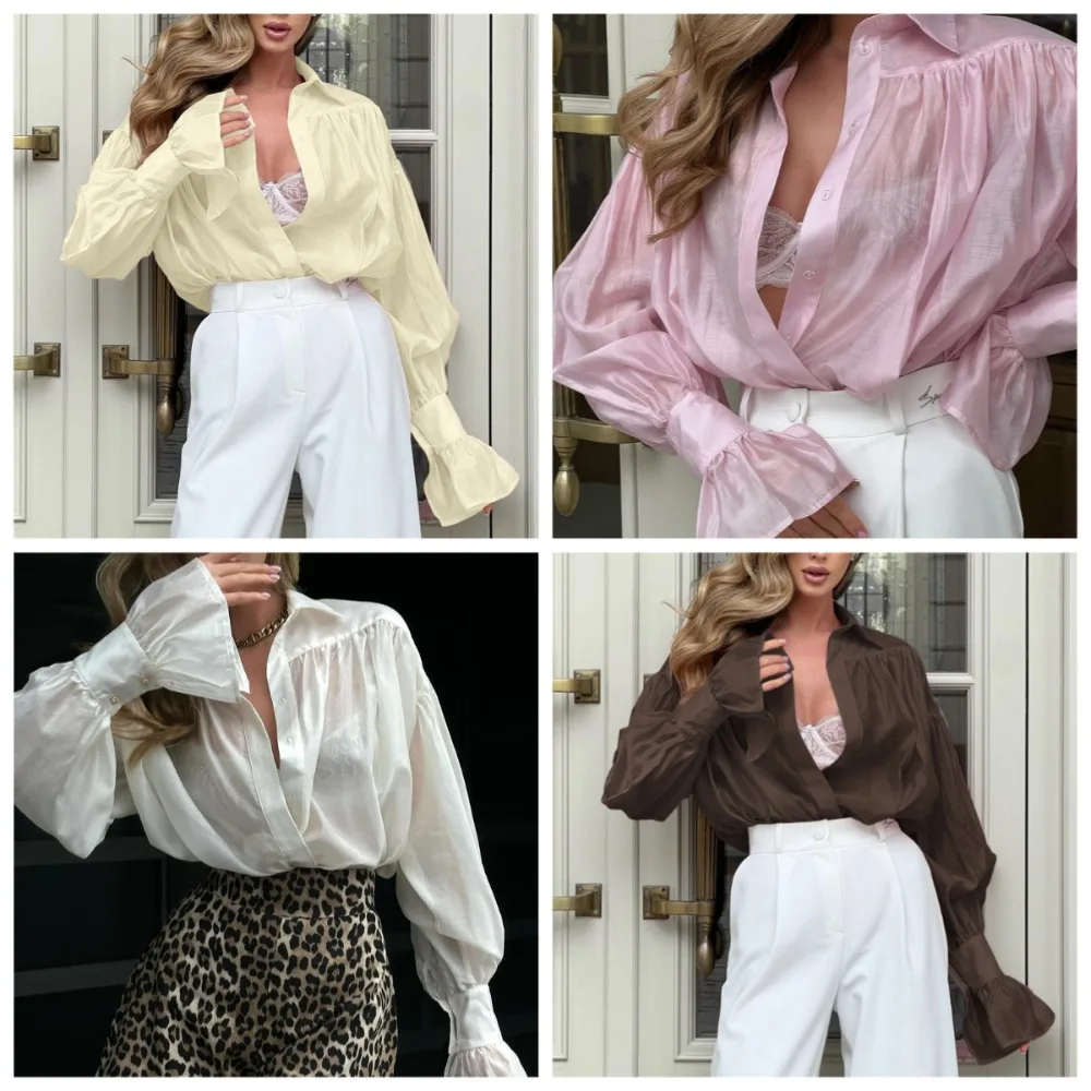 

DAILOU Fashion Loose Pink Office Women's Blouse 2025 Elegant Lapel Long Sleeve Shirt Casual Classic Solid Top Female Clothing