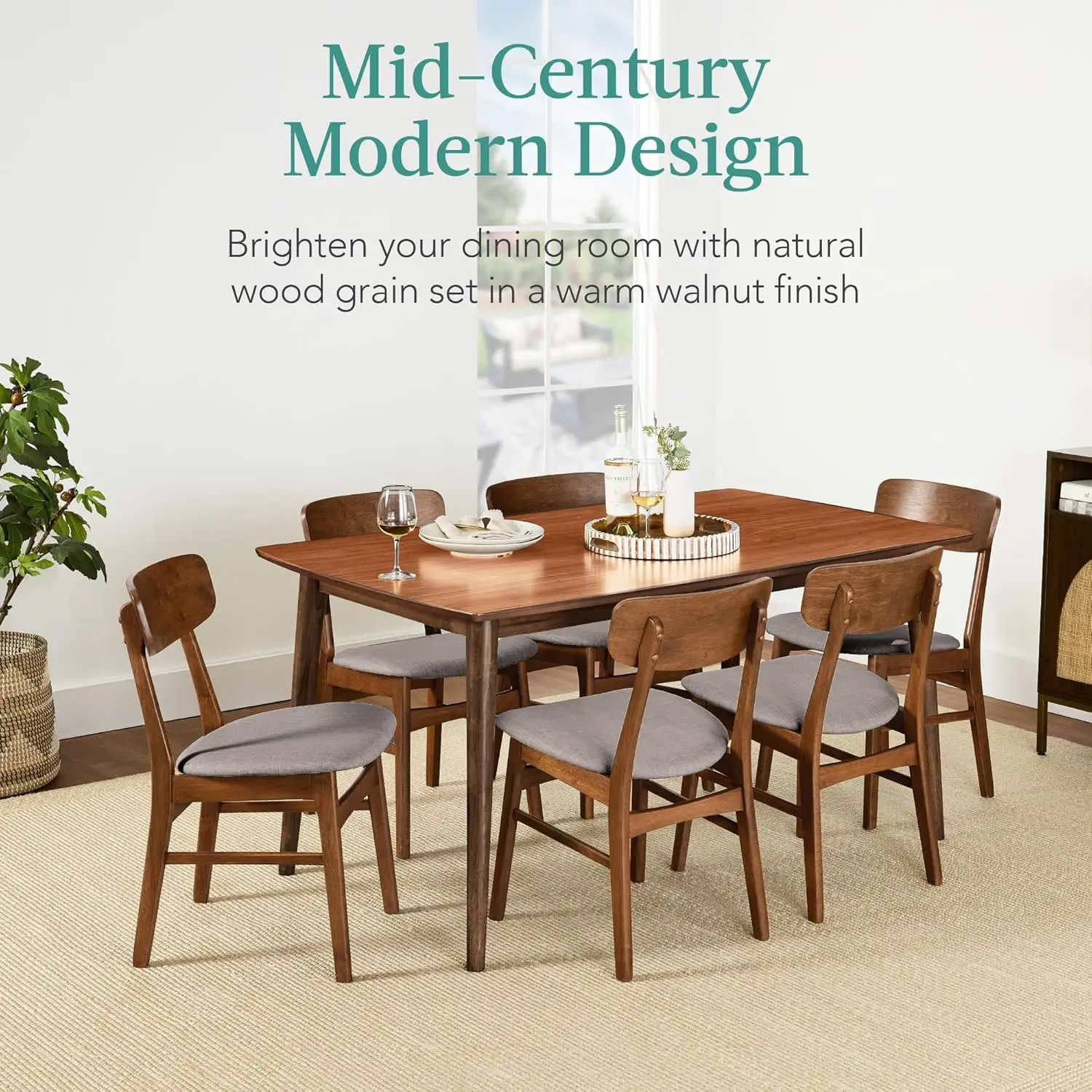 7pc Wooden Dining Set Mid-Century Kitchen Table & 6 Upholstered Chairs Curved Backrest Rounded Corners Walnut Customized