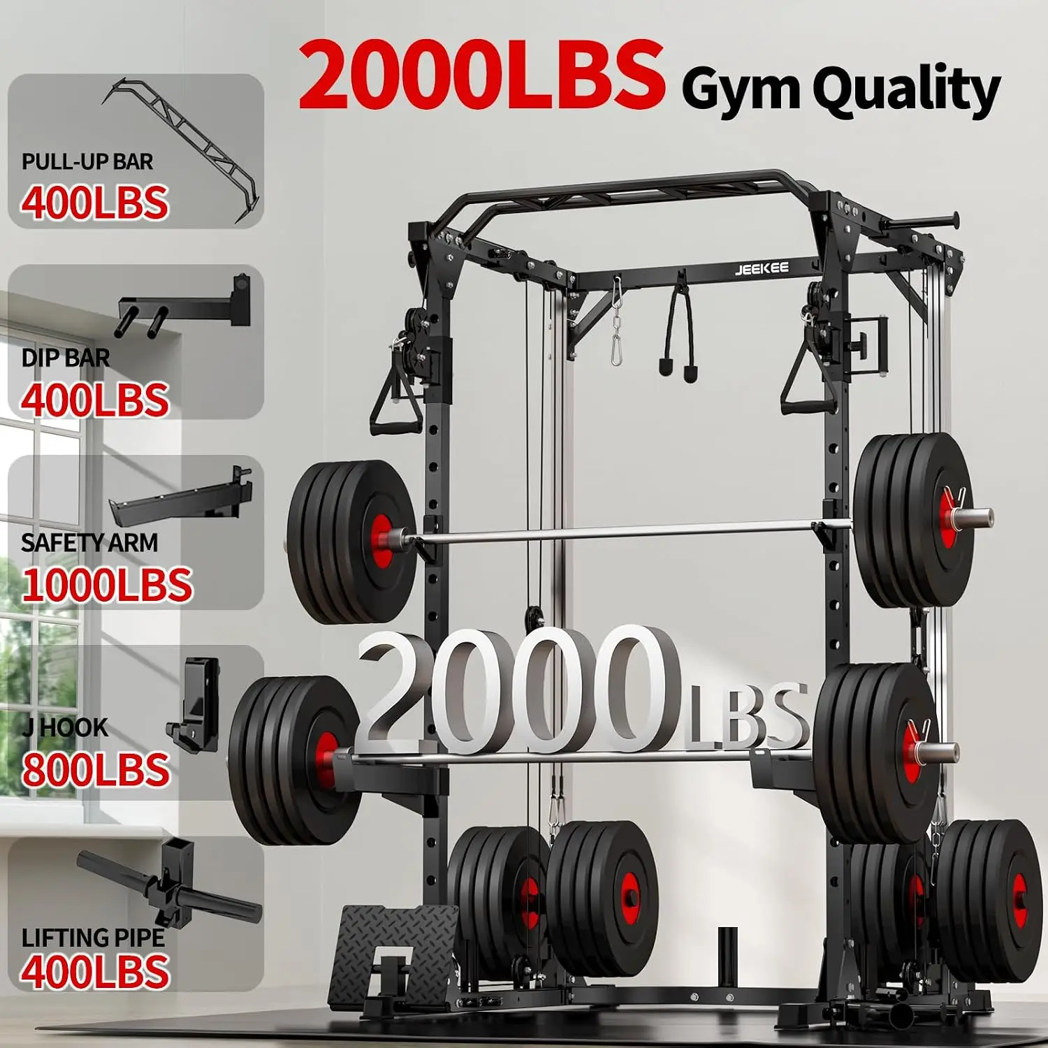 Power Cage with Cable Crossover System, 2000LB Multi-Function Power Rack with Independent Dual Pulleys, LAT Pulldown, Custom