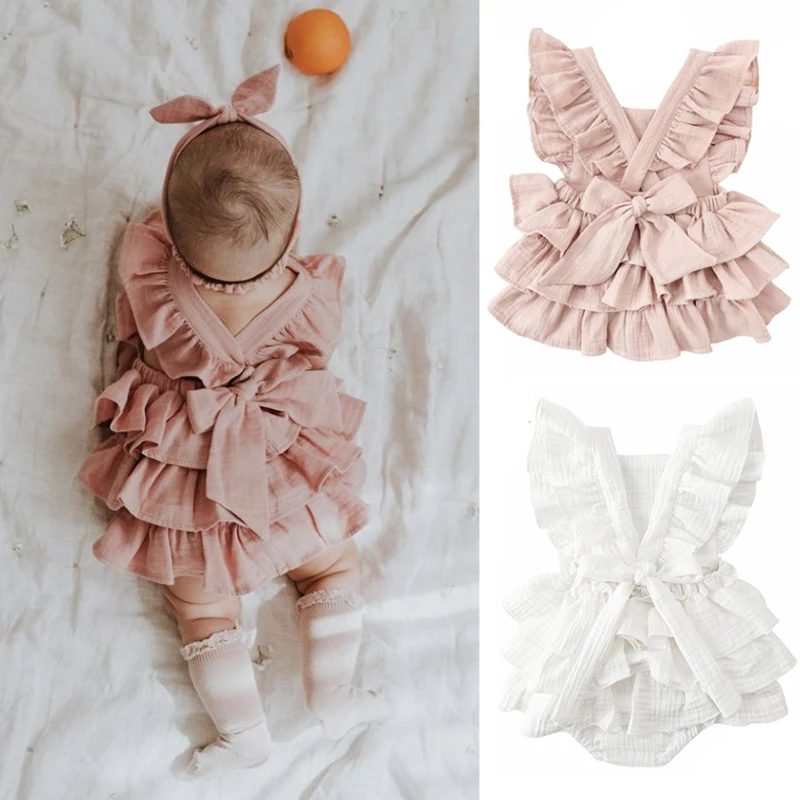 Baby Girl Cotton Criss-Cross Romper Vintage Todder Kid Princess Ruffles Layered Dress Bodysuit  Children Rompers Jumpsuits 4T