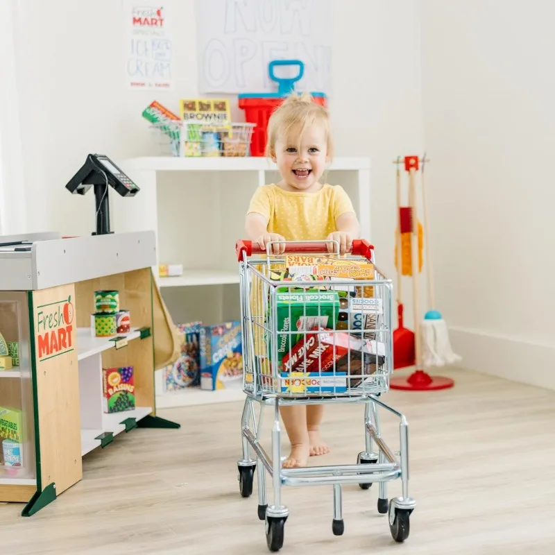 Toy Shopping Cart With Sturdy Metal Frame-Toddler Shopping Cart,Pretend Grocery Cart, Supermarket Pretend Play Shopping Cart