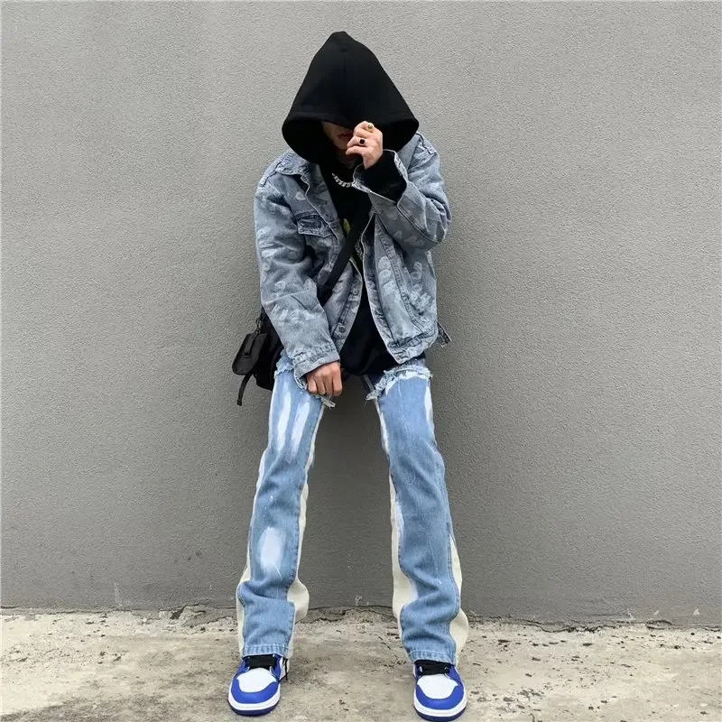 

2023 Y2K Patchwork Washed Blue Baggy Flare Jeans Pants Men Clothing Straight Loose Vintage Old Denim Trousers Pantalones Hombre