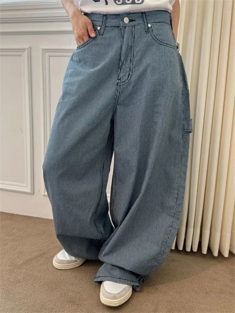 

SuperAen синие модные персонализированные джинсы с карманами в вертикальную полоску, осенние новые свободные брюки оверсайз в полный рост High Street