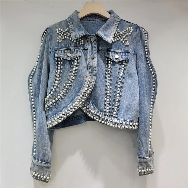 Luxury Woman Pearls Diamonds Beaded Denim Jacket Rhinestones Rivets Jeans Coat Wave Edge Bubble Sleeve Cowboy Cardigan 2025