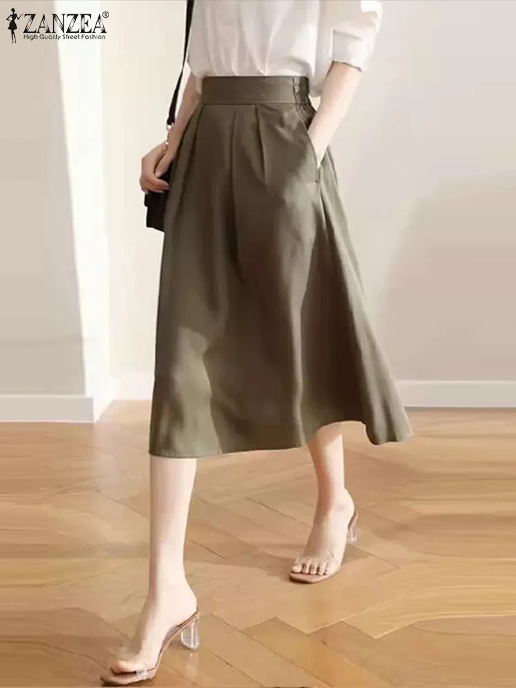 ZANZEA Summer Elegant Skirts Women Fashion Elastic Waist Solid Midi Skirt Jupe Casual A-line OL Work Faldas Saia Autumn Skirt