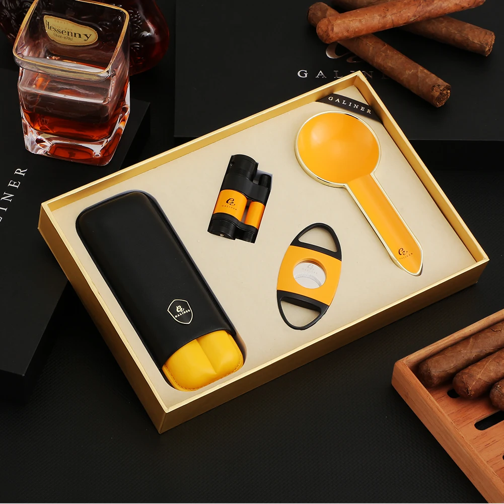 Galiner Home Travel Cigar Set Metal Lighter 1 Slot Ash Tool Sharp Guillotine Cutting Tool Leather Cigar Case with Nice Gift Box