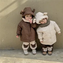 2024 Winter New Baby Cute Bear Ear Hooded Coat Plus Velvet Thick Children Casual Down Clothes Solid Boys Girls Padded Jacket