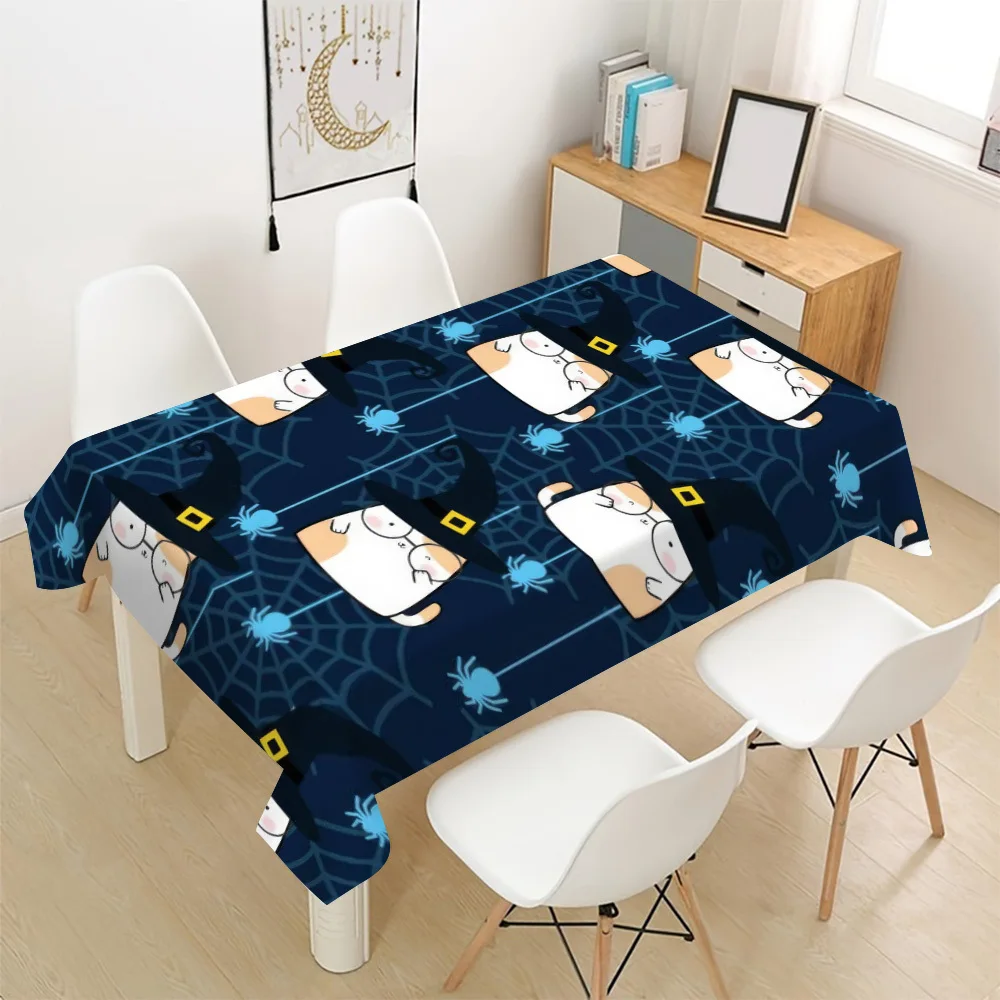 Halloween Spooky Cute Cat Witch Pattern Waterproof Tablecloth for Dining Room Party Decor
