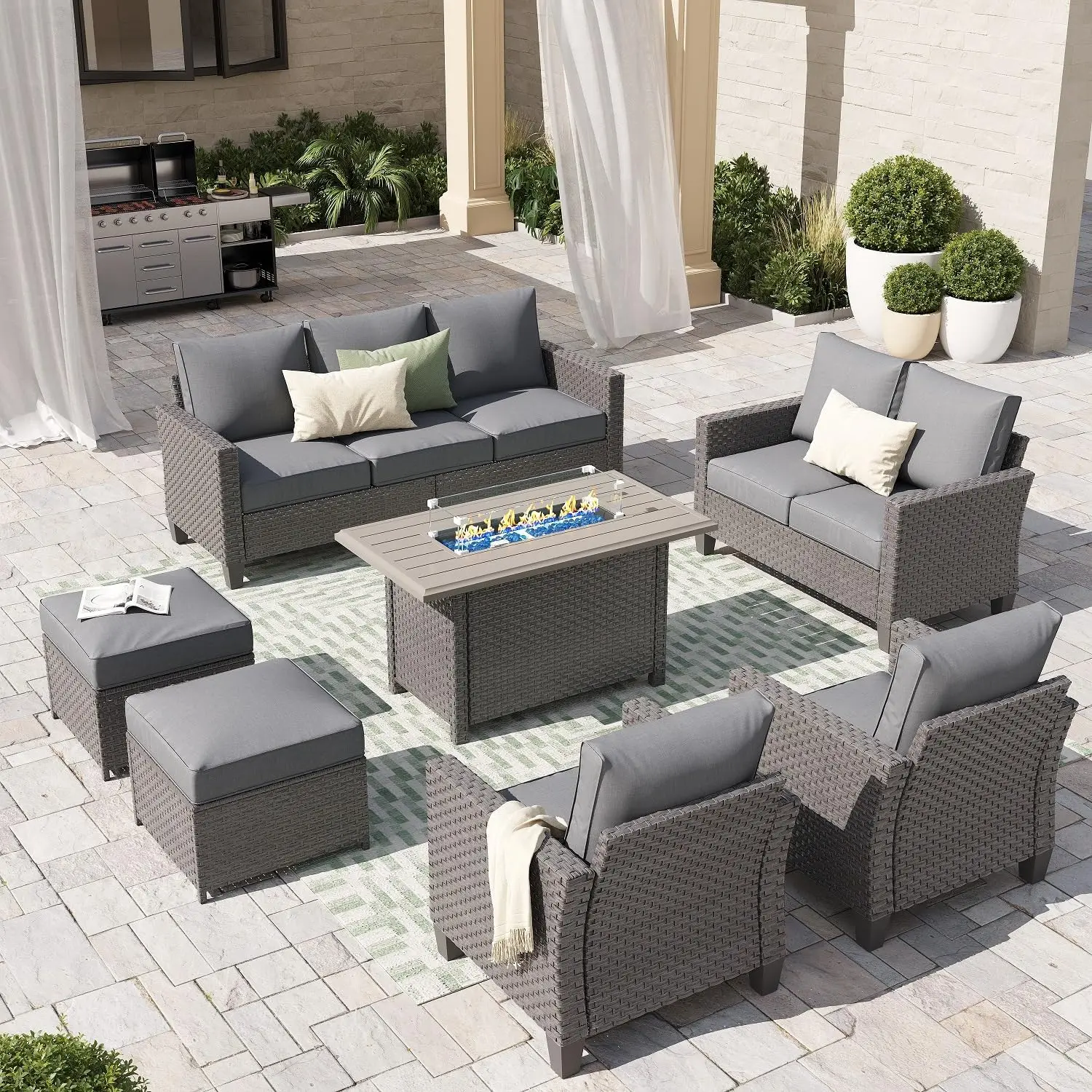 

Outdoor Patio Furniture Set with Fire Pit Table 7 Piece Set with 43in Propane Firepit , 3 Seat Sofa Couch with Ottoman