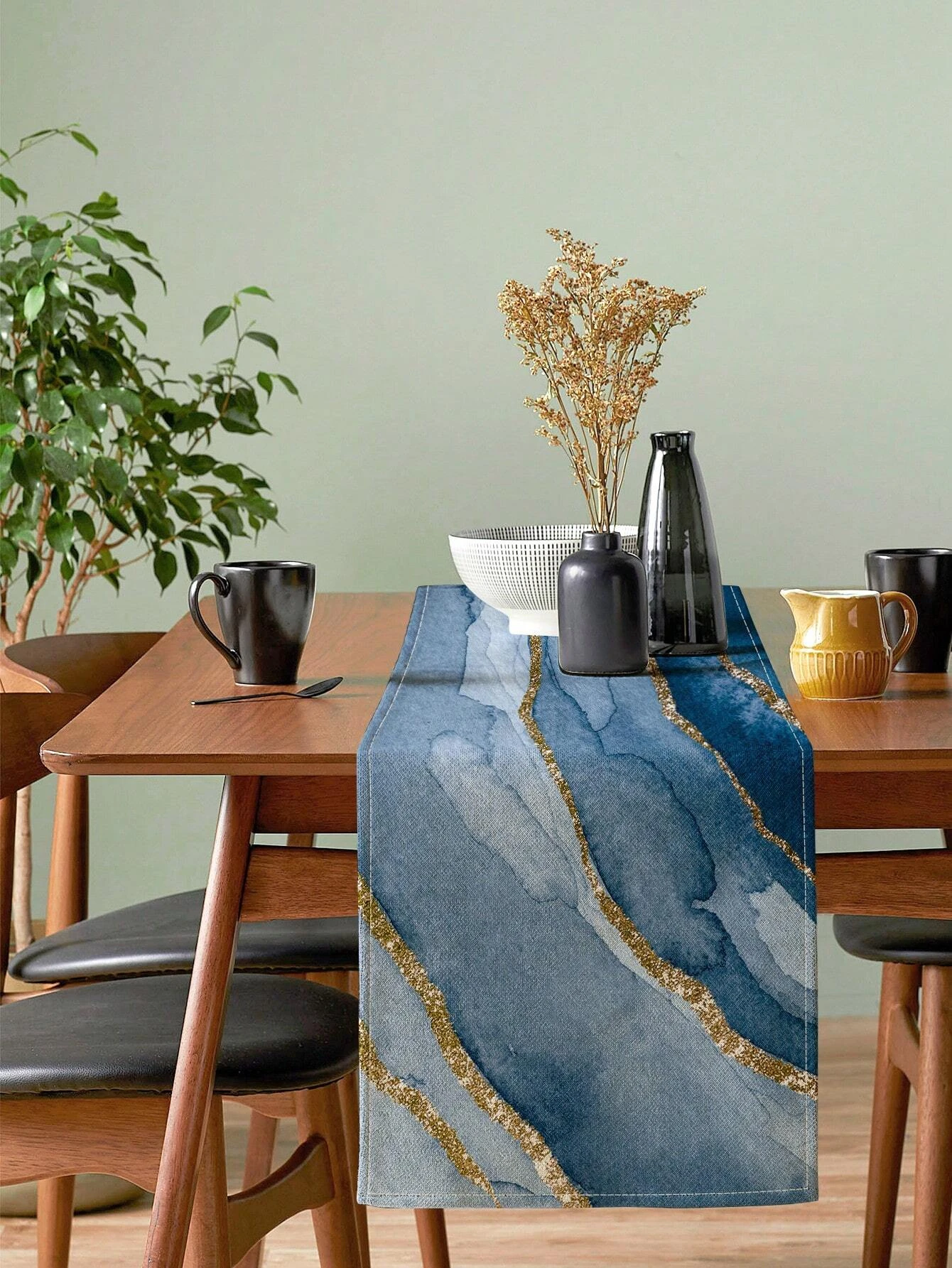 1pc Blue Marble & Gold Foil Seascape Print Table Runner, Suitable For Kitchen, Dining Room, Tabletop Decor, Dresser/Cabinet Cove