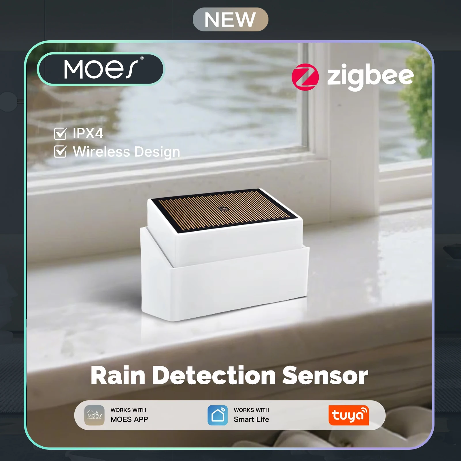 ZigBee Rain & Water Leak Sensor, MOES Wireless Flood Detector for Outdoor, IPX4 Waterproof Battery Powered, Home Flood Alarm