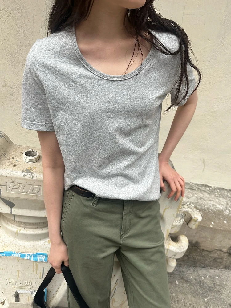 

Футболка женская летняя UNRETRO в американском ретро-стиле, базовая, с U-образным вырезом, из чистого хлопка, маленького размера, для модниц, облегающая