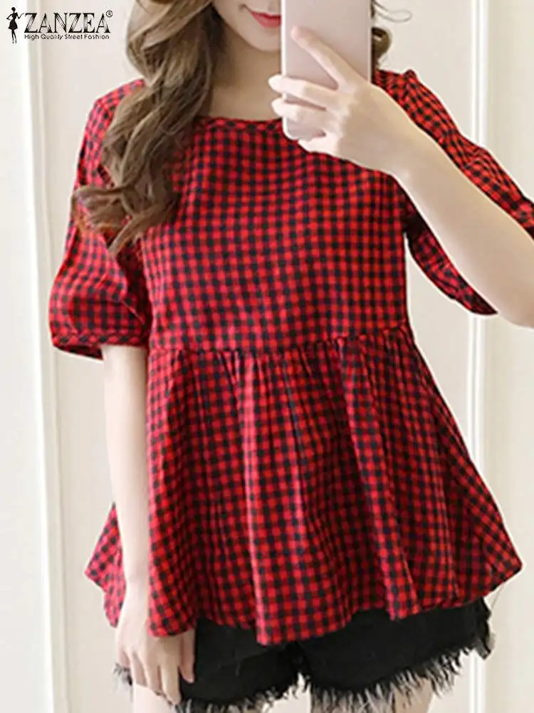 

ZANZEA Korean Sweety Plaid Blouse Women Vintage Pleated Shirt 2024 SummerPatchwork A-line Tunic Casual Loose Blusas O-neck Tops