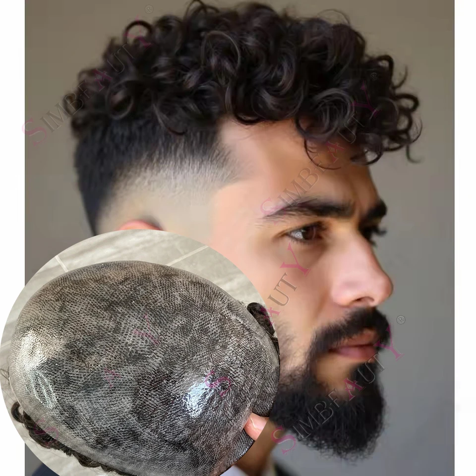 

20 мм вьющиеся мужские прочные полностью тонкие кожаные темно-коричневые серые черные мужские 100% человеческие волосы парик система шиньоны капиллярный протез