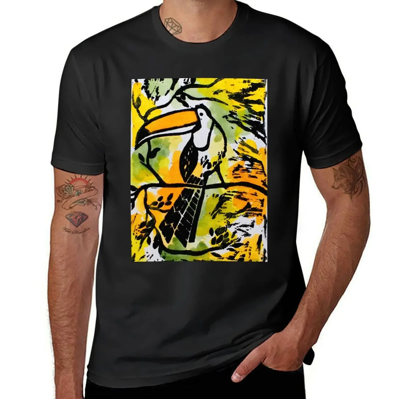 Colorful Toucan / Tropical Bird in Trees Watercolor and Printmaking T-Shirt cute tops oversizeds mens graphic t-shirts