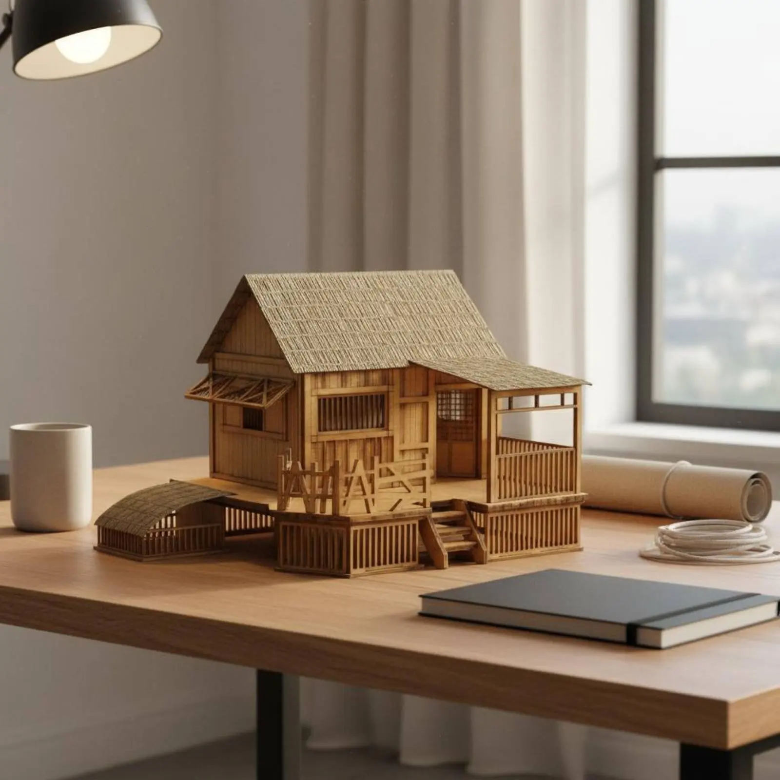

Chinese Design House Model Detailed Craft Straw Roof House Model Handmade Wooden Cottage Decorative Miniature Building for Desk