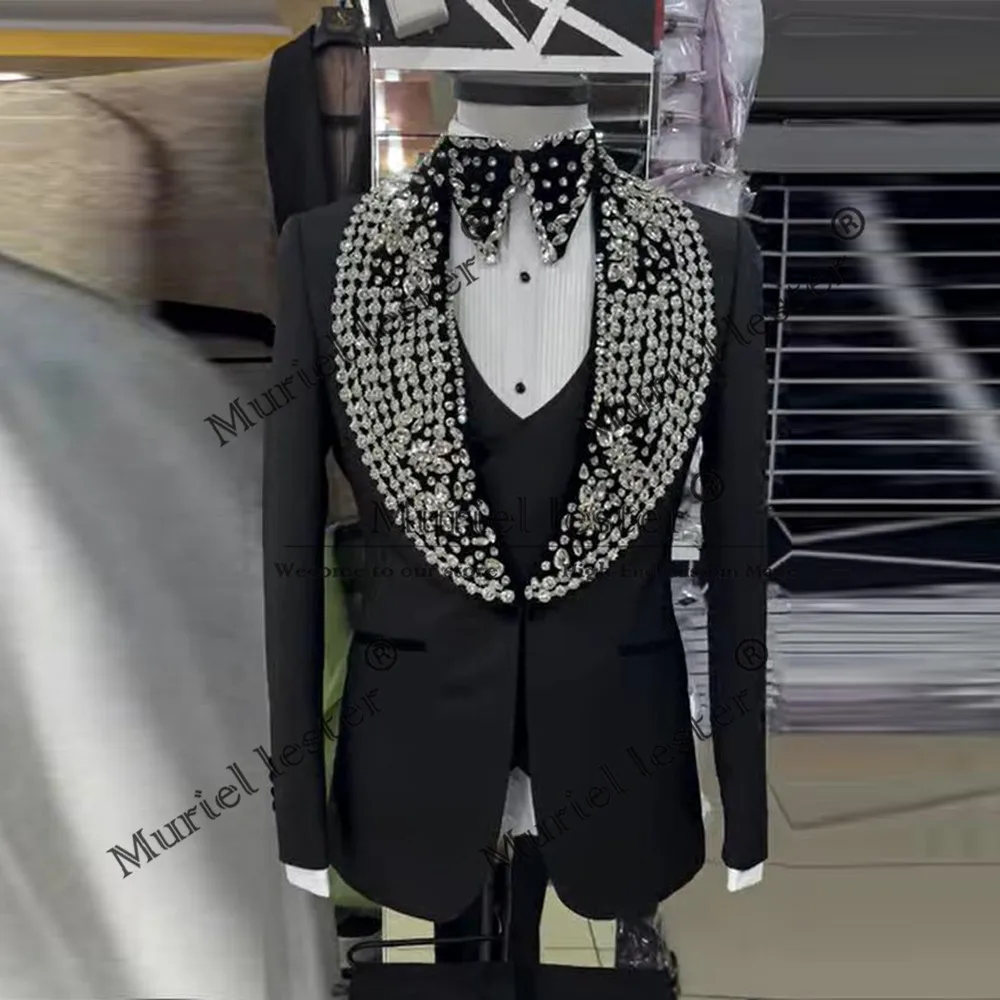 

Glitter Rhinestones Wedding Suit For Men 3 Pieces Customized Groom Tuxedos Single Breated Skinny Male Party Blazer Costume Homme