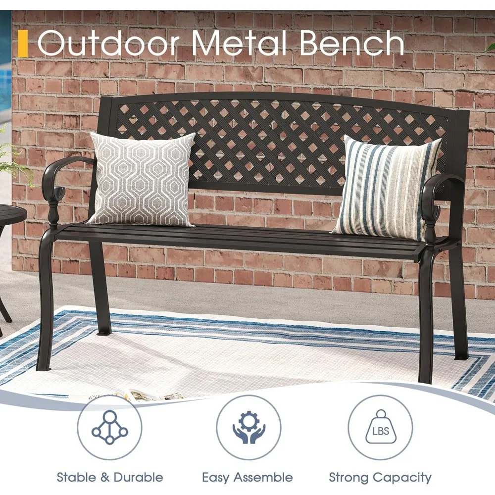 

​​"50" Metal Garden Bench - Modern Black Slatted w/ Backrest & Armrests"​