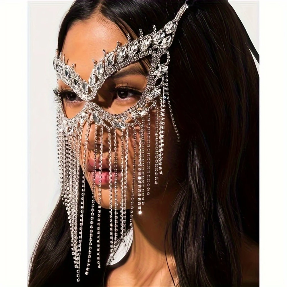 Fashion Exaggerated Makeup Dance President Tassel Mask Exquisite and Versatile Diamond studded Rhinestone Face Mask