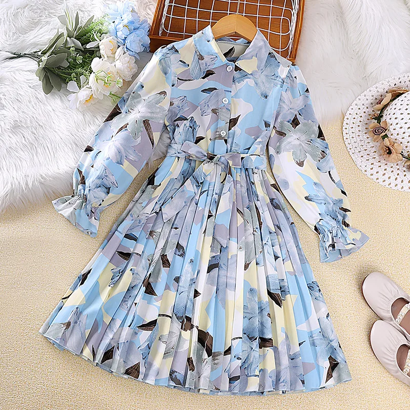 Dress Kids Girls 8-12 Years Children\'s Blue Irregular Print Pleated Long-Sleeved DressCasual Vacation Dress