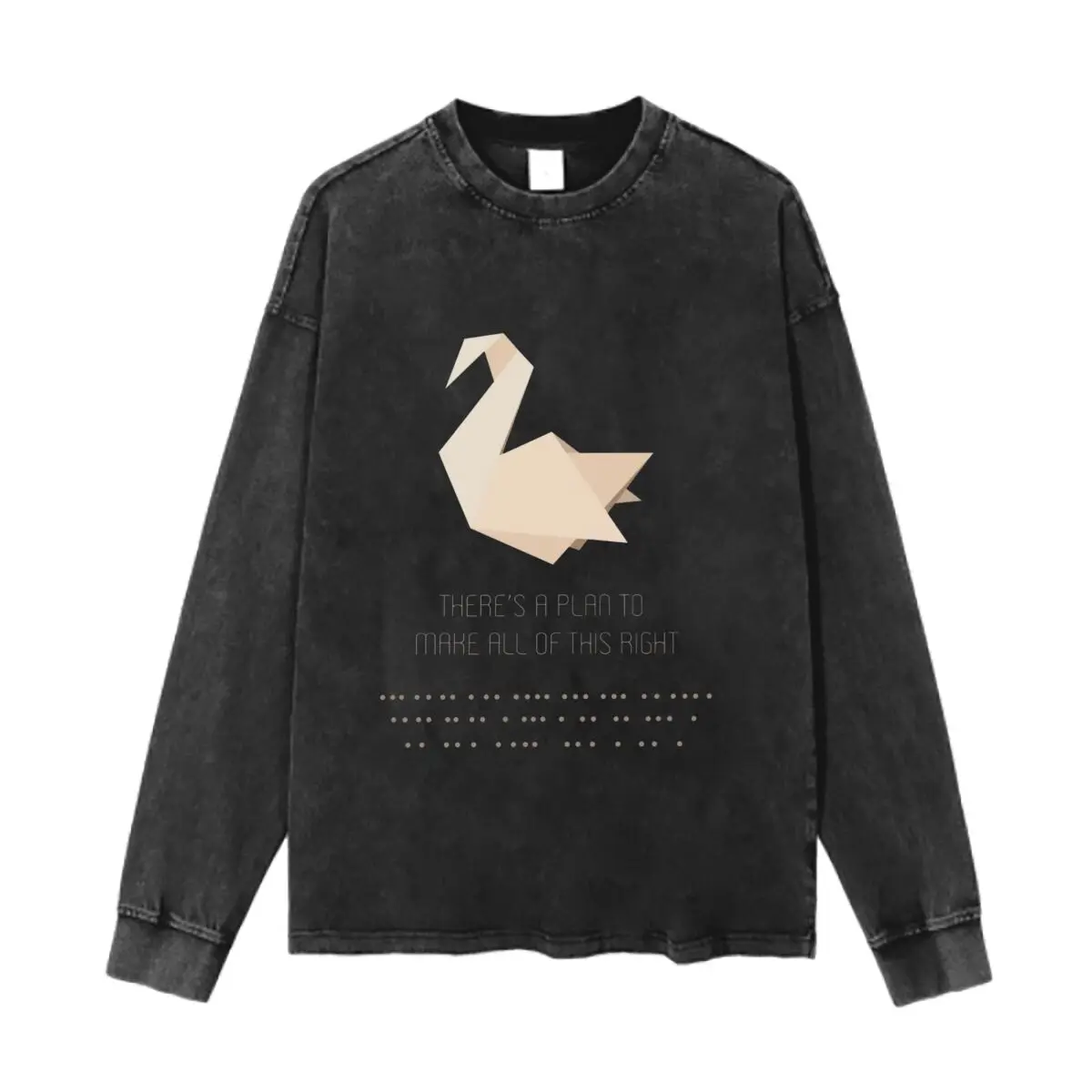 Origami Swan There's a Plan Art Graphic Washed Vintage Long Sleeves Cotton Tee Shirt Solid O Collared For Men's And Women's