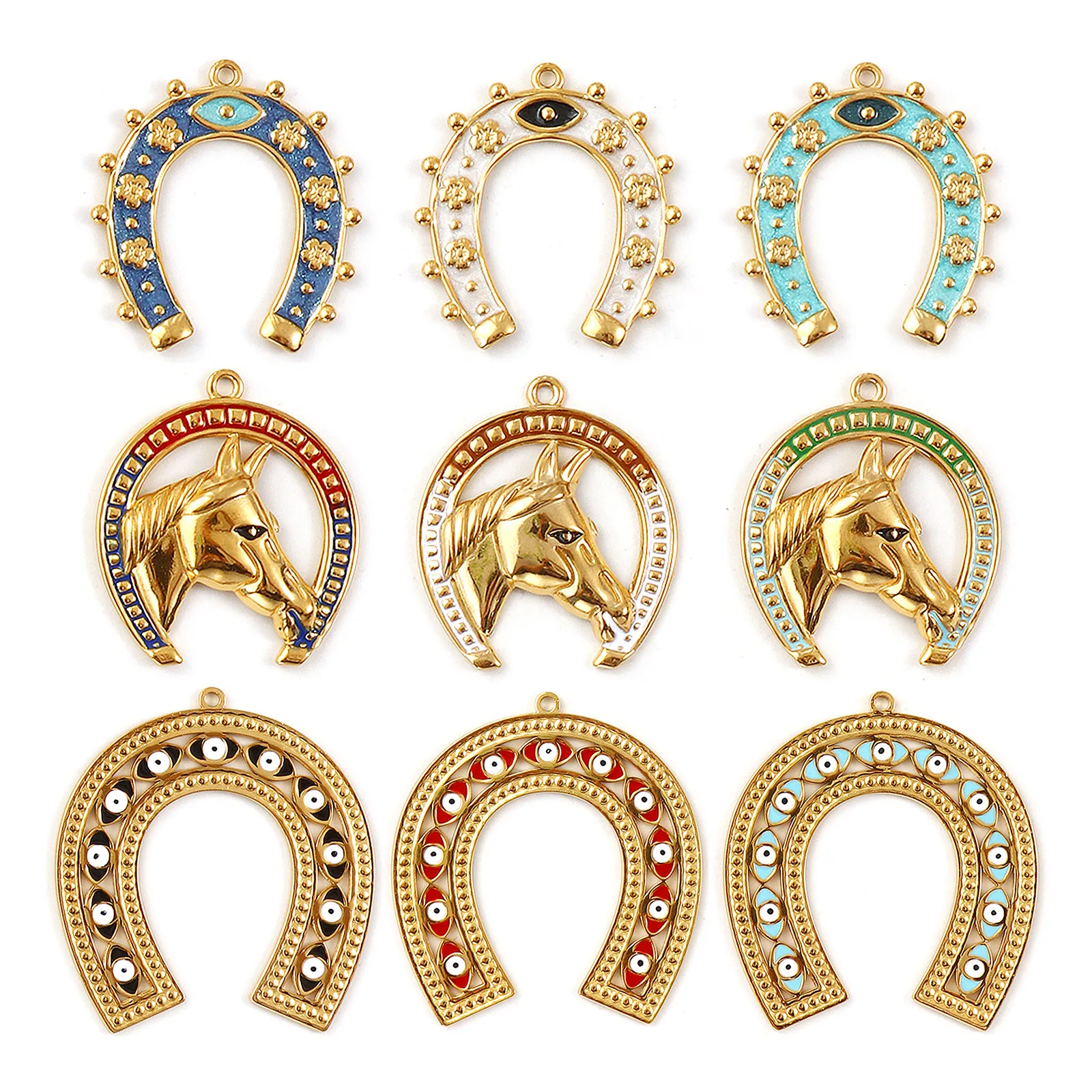 1 unidad de dijes de vaquero del oeste de acero inoxidable 304, colgantes de herradura de la suerte esmaltados chapados en oro de 18 quilates para hacer collares y llaveros DIY